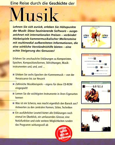 Machen Sie Bekanntschaft mit den wichtigsten Komponisten und ihren musikalischen Werken, mit zahlreichen eindrucksvollen Musikbeispielen und erleben Sie sechs zentrale Musikepochen. Diese faszinierende Software verbindet Hörbeispiele kammermusikalischer Meilensteine mit multimedial aufbereiteten Informationen, die eine wirkliche Verständnishilfe bieten.